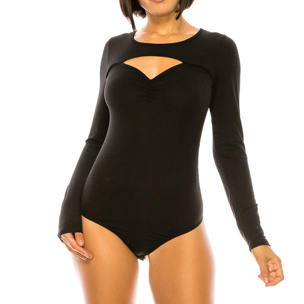"ABYSSINIAN" ribbed knit keyhole longsleeve bodysuit in Black
